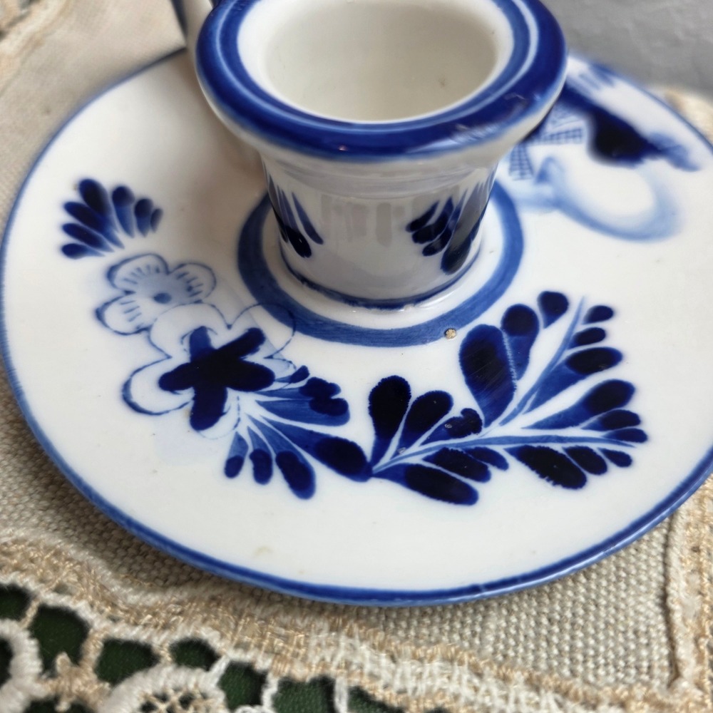 Delft Blue Hand Painted Ceramic Chamberstick Candle Holder Windmill Holland - Picture 5 of 7